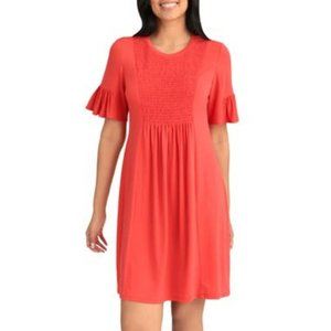 Smocked Ruffle Sleeve Jersey Shift Dress in Coral